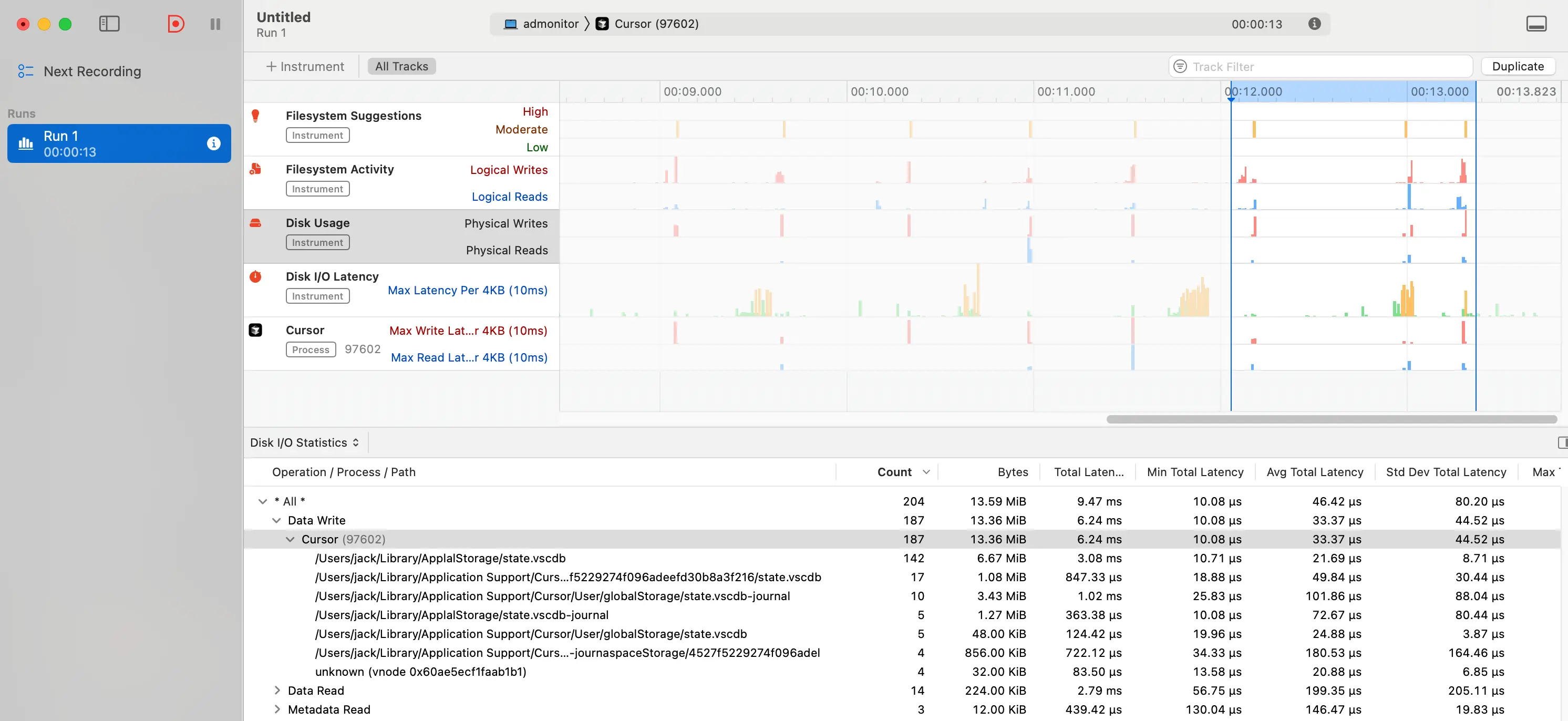 Instruments trace showing Cursor writing to SQLite database